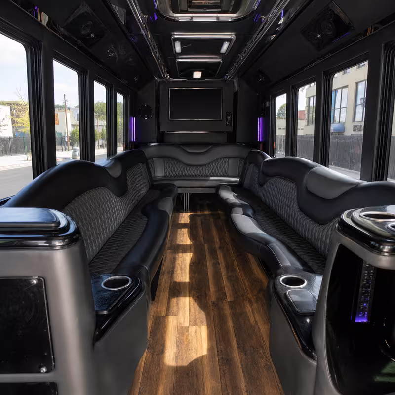 Passenger watching the Jacksonville scenery during a regional party bus road trip