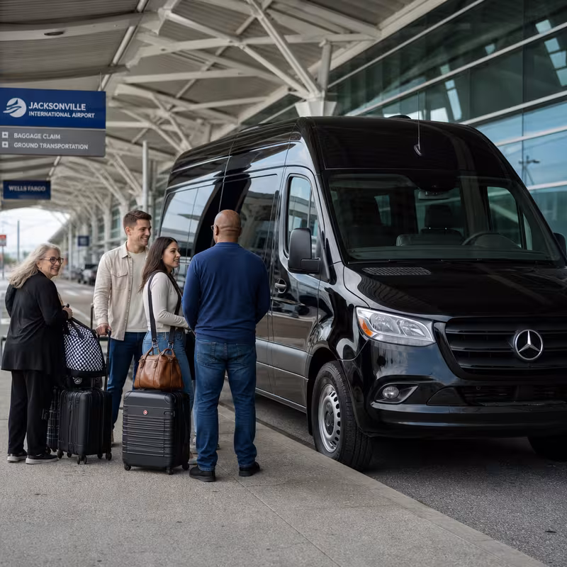 Group boarding a white charter bus for Airport Transportation transportation in Jacksonville