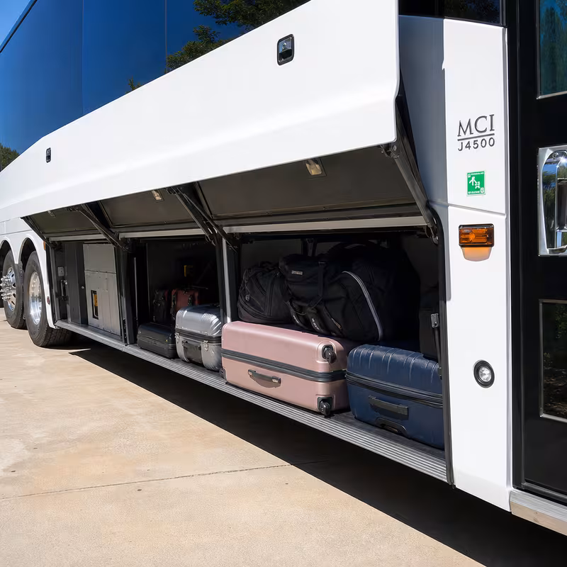 Party bus interior with wraparound leather seating and LED lighting in Jacksonville