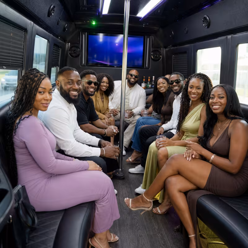 Black Mercedes Sprinter van staged for an Jacksonville Birthday Transportation group