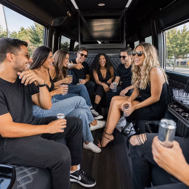 Group boarding a white charter bus for Concert Transportation transportation in Jacksonville