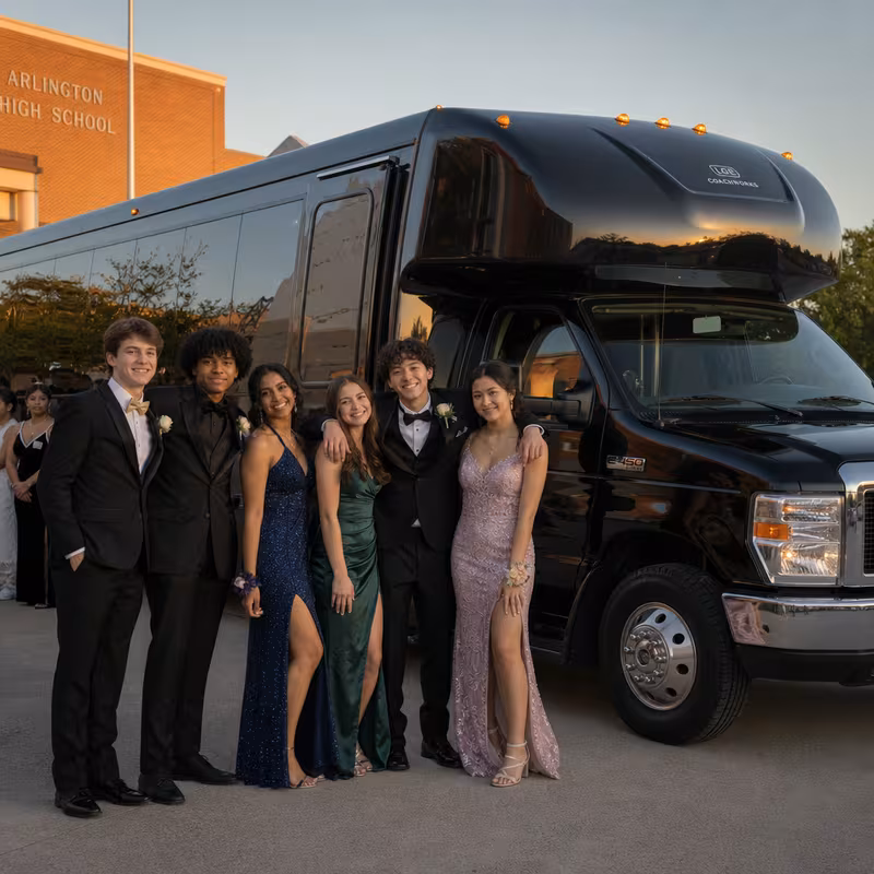 Group boarding a white charter bus for Prom & Homecoming Transportation transportation in Jacksonville