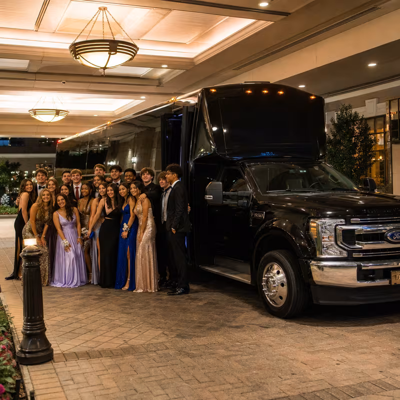 Party bus interior with wraparound leather seating and LED lighting in Jacksonville