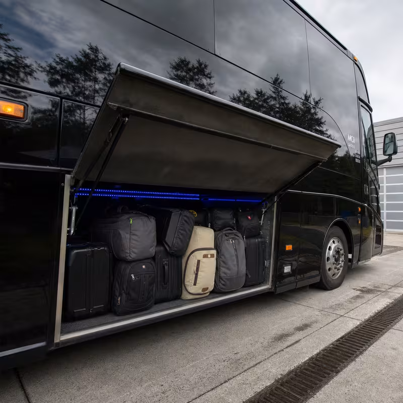 Party bus interior with wraparound leather seating and LED lighting in Jacksonville